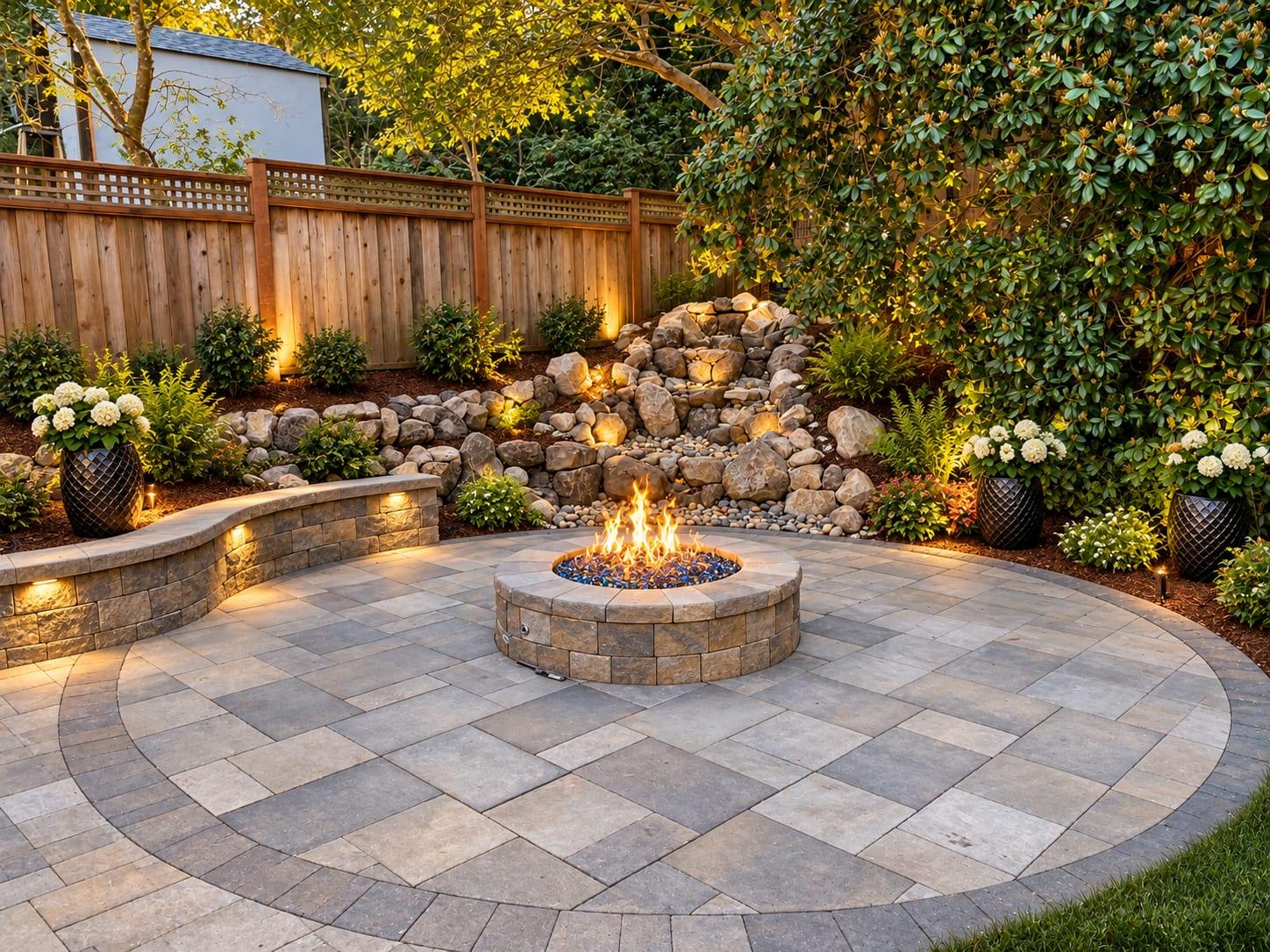Circular paver patio with a stone fire pit, a curved seat wall and a lit boulder water feature