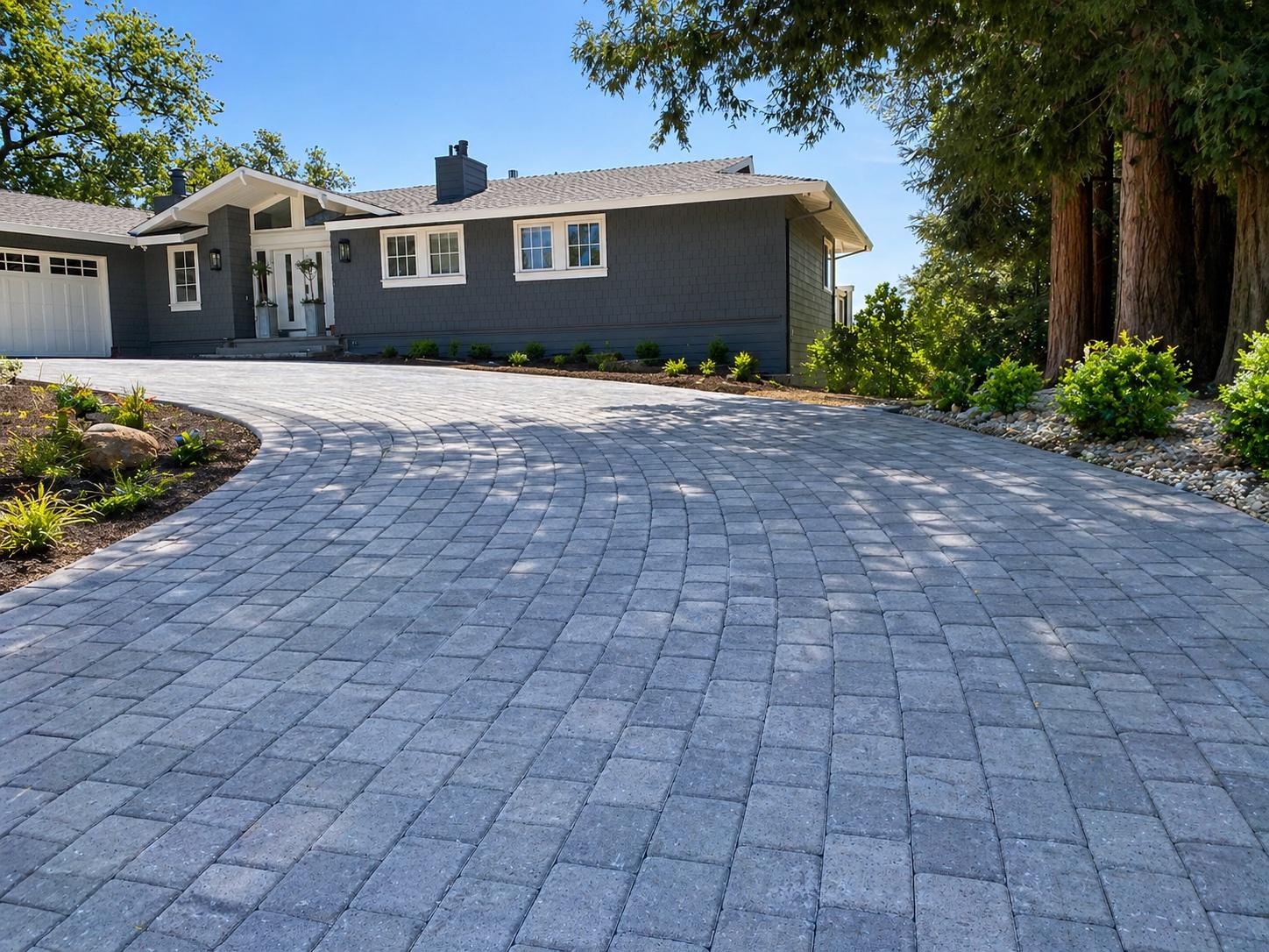 Custom paver driveway leading to a Lafayette, CA home with mature oak and redwood landscaping