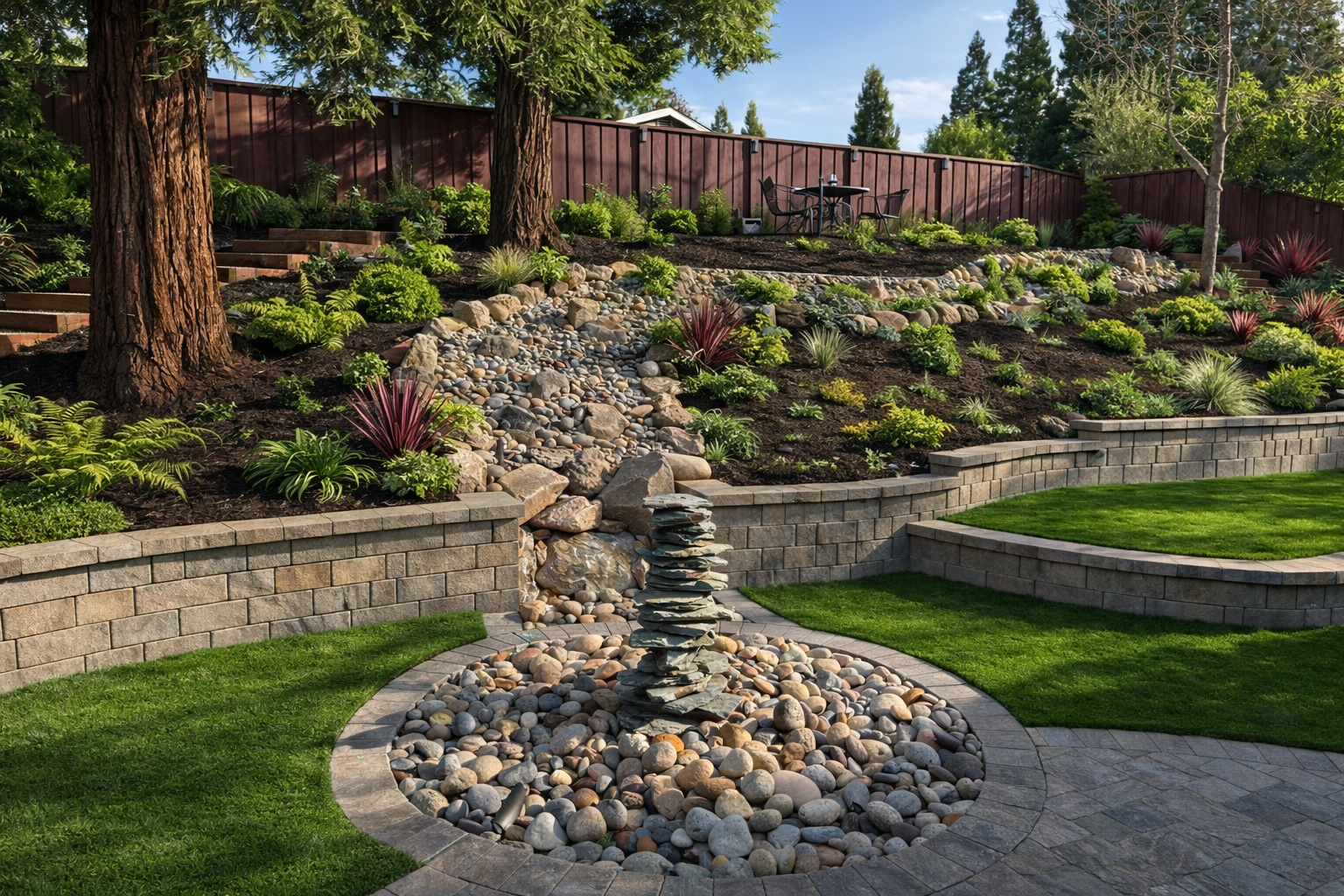 Beautiful landscaped backyard with retaining walls, water feature, and lush greenery by Lamorinda Pavers