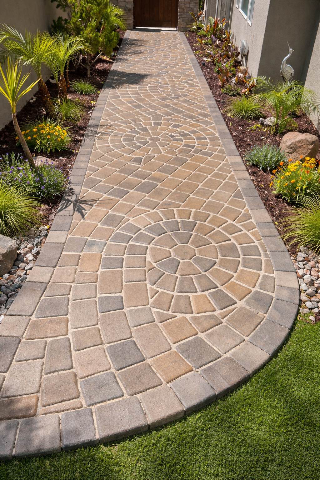 Custom spiral paver walkway with medallion inlays in Lafayette, CA
