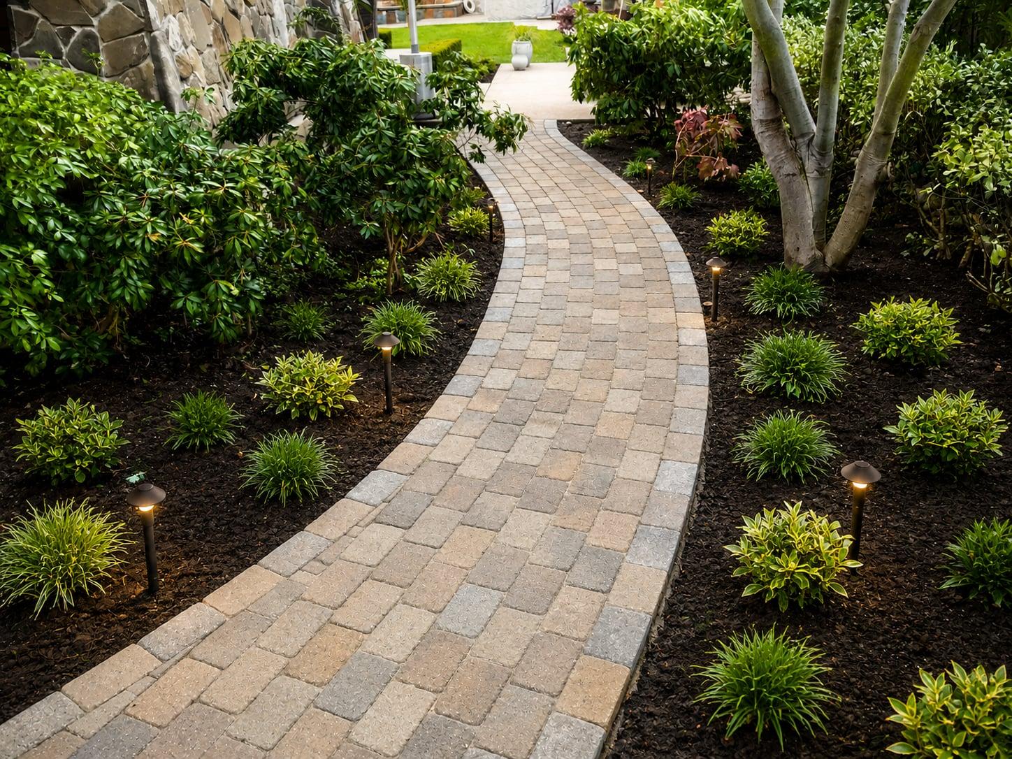 Custom curving paver walkway with landscape lighting through lush plantings at a Moraga, CA home