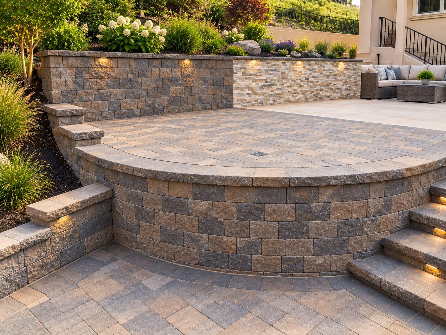 Curved paver retaining wall around a raised patio, with lit steps and a stacked-stone accent wall